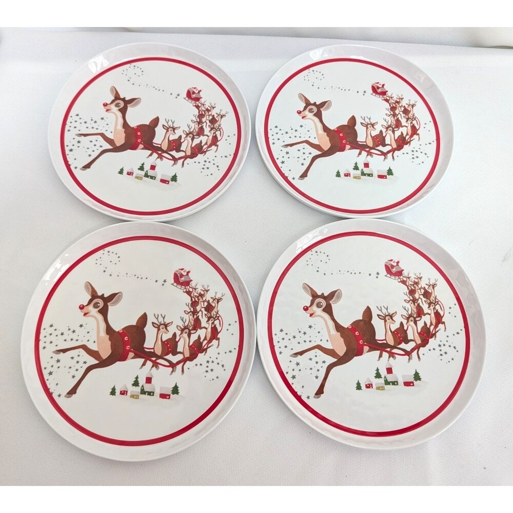 4 POTTERY BARN KIDS Rudolph the Red-Nosed Reindeer Melamine 8" Plates